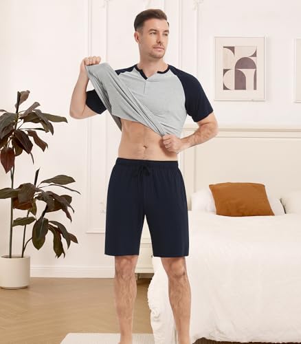 Image of NACHILA Pajamas Set for Men-Viscose Made from Bamboo,Short Sleeve Sleepwear Soft Pjs with Shorts Cool Loungewear Light Heather Grey /Navy Blue L