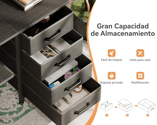 ODK Escritorio con 4 Cajones, 140x52x92cm Escritorio de Ordenador con Toma de Corriente y Carga USB, Escritorio Gaming Mesa de Escritorio con Estantes Ajustables para el Hogar, Negro - imagen 5
