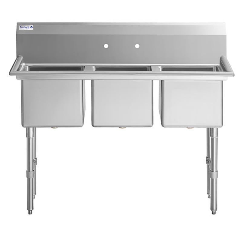 Image of Empura 54 inch Wide Stainless Steel Three Compartment Commercial Sink | Prep Utility 15 inch x 15 inch Bowl for Restaurant Laundry | 3.5 inch Drain Basket, 9.75 inch Backsplash, 54 inchW x 20.5 inchD x 44.25 inchH, 16 Gauge, NSF