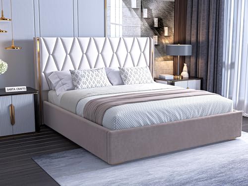 SABTA Modern Upholstered King Size Bed with Box Storage for Bedroom | Wooden Double Bed with Storage | Platform Cot Bed with Upholstery Premium Fabric | 6.5 x 6 Ft | Sheesham Solid Wood, Brown-White