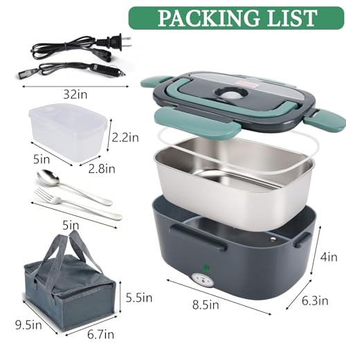 Andmenow Electric Lunch Box for Adults, Electric Lunch Box Food Heater, Portable Food Heater for Travel/Home/Office,12V/24V/110V Heated Lunch Box,Loncheras para Hombres de Trabajo,GreyGreen