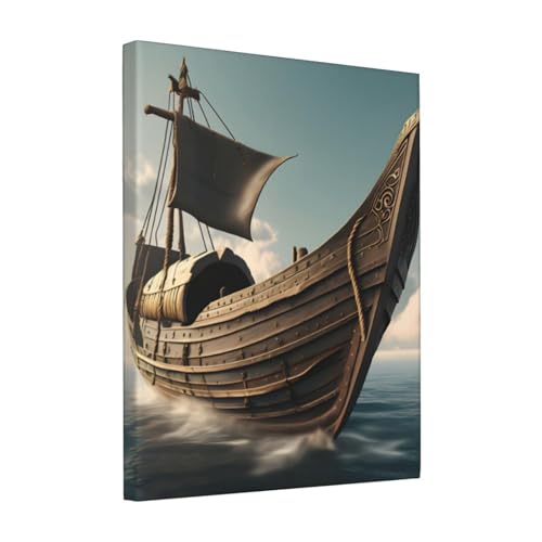 FSCEV Peinture à l'huile sur toile Motif bateau viking ancien 20,3 x 25,4 cm