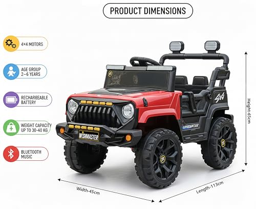 Image of Wishmaster 4x4 Kids Electric Ride On Car, 2-6 Years| Battery EV Kids Cars | Remote Control, Battery Operated, RGB LED Lights, Bluetooth Music, 1-Year Warranty On Motors & Motherboard