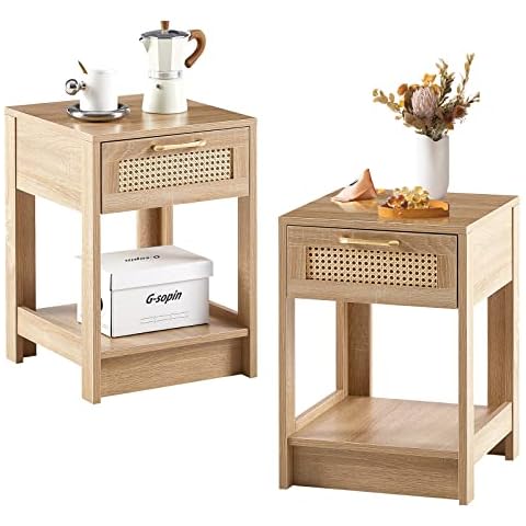 LETESA Rattan Nightstands Set of 2, with Rattan Decor Drawer and Open Shelf, Bed Side Tables with Solid Wood Feet, End Table, Night Stands, for Bedroom, Living Room (2, Natural-Square) Cover