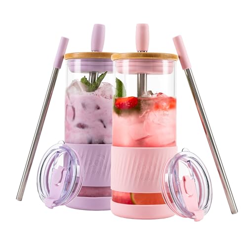 Pandaloo® Glass Cups With Lids and Straws -20 Fl Oz- Perfect Size Iced Coffee Cup - Smoothie Cup With Bamboo Lid and On the go Lid - Glass Tumbler (2 Count (Pack of 1), Lilac-Pink)