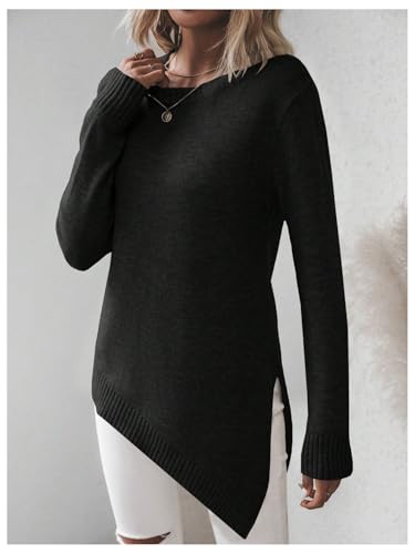 Image of GORGLITTER Women's Split Asymmetrical Hem Sweater Long Sleeve Crewneck Knit Pullover Tops Black Small