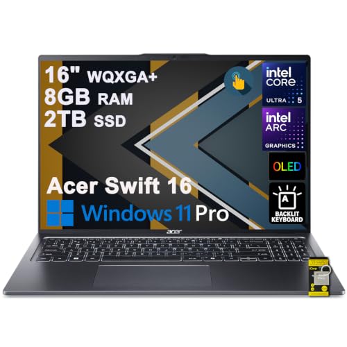 Image of Acer Swift 16 AI Laptop 16 inch WQXGA+ 3200x2000 OLED 120Hz Intel 14-core Ultra 5 125H 8GB RAM 2TB SSD Backlit Fingerprint Thunderbolt Wi-Fi6E for Creator Designer Business Professional Win11Pro ICP Hub