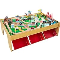 KidKraft Waterfall Mountain Wooden Train Table with Storage Boxes, Train Track Set with Wooden Toy Cars, Crane, Helicopter, Airplane and Accessories Included, Kids