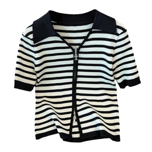 Women’S Striped Turn-Down Collar Short Sleeve Zipper Closure Slim Fit Short Casual Knitwear Cardigan Sweater Top
