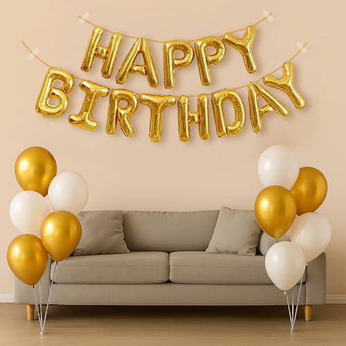 Image of Party Propz Happy Birthday Banner Decoration Kit - 12Pcs Golden Happy Birthday Banner, Foil Banner with Gold Balloons, White Balloons,Balloon for Birthday Decoration, Arch Roll (Foil, Latex)