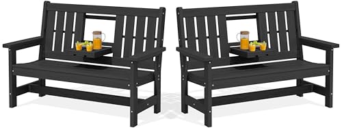 Image of SERWALL HDPE Outdoor Bench with Cup Holder Oversized 58 inch Porch Bench, Black