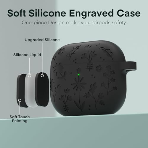 Image of New Engraved Soft Silicone Case Compatible with Apple AirPods 4 Generation (2024) with Keychain, Full 360 Protection Dust-Proof Shockproof Case Cover (Cover Only) (Black)