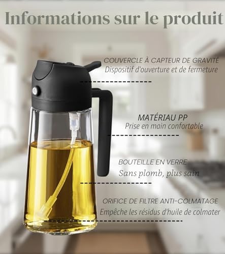 Rusudiy 2 Pièces Pulvérisateur et Distributeur 2-en-1 470ml – Spray Huile en Verre Anti-UV, Sans BPA, pour Cuisine, Salades, Barbecue et Friteuse d’Air (Transparent (Noir-Blanc)) – vue 6