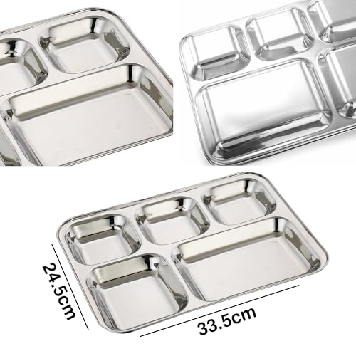 Image of Expresso - Heavy Duty Stainless Steel Rectangle /Square Deep Dinner Plate w / 5 Sections Divided Mess Trays for Kids Lunch, Camping, Events & Every Day Use Kitchenware.