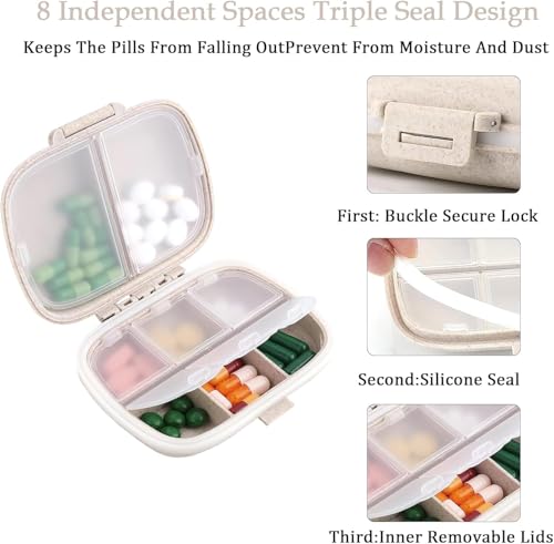 Image of ZIBUYU Travel Pill Box, Food Grade Wheat-straw Medicine Case 8-Compartment Medicine Storage Box with Divided Clear Lid, Secure Seal Pill Box for Tablets, Supplements, Vitamins (Beige)
