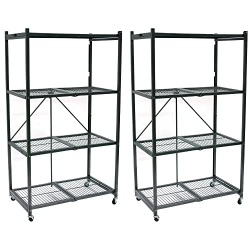 Image of Origami 2-Pack R5 Series Foldable 4-Tier Steel Storage Rack, Pewter - Heavy-Duty Metal Shelving Unit w / Removable Wheels for Laundry Room or Garage - Rolling Organizer for Home, Office & Warehouse