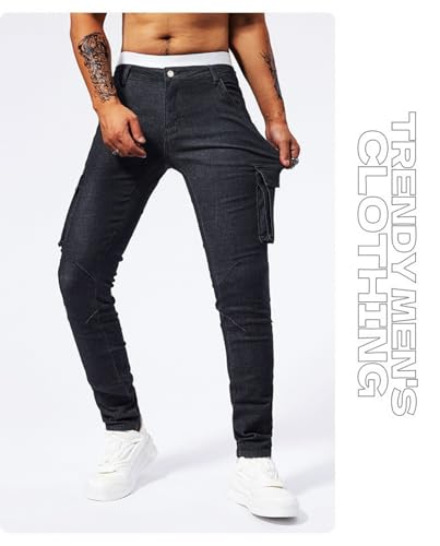 Jeans Pants Trousers Denim Stretch Slim Fit Workwear with Multiple Pockets Trendy Street Casual Tapered Small Leg for Men3