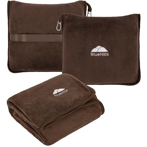Image of BlueHills Premium Soft Travel Blanket Pillow Airplane Blanket Soft Bag Pillow case with Hand Luggage Belt and Backpack Clip Compact Pack Large Blanket Throw Air Plane Flight Travel (Brown T009)