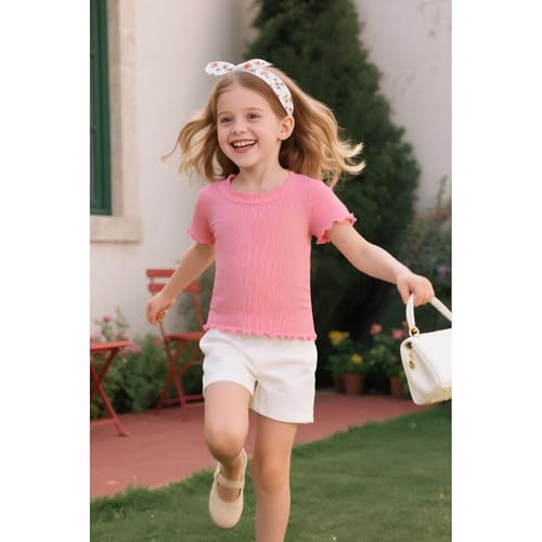 Image of Girls Summer Lettuce Trim Ribbed Knit Short Sleeve T-Shirts Solid Color Casual Blouse Tops