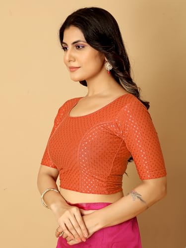 Image of Amazon Brand - Anarva Round Neck Dobby Cotton Lycra Stretchable Elbow Half Sleeve Readymade Saree Blouse for Women Stylish