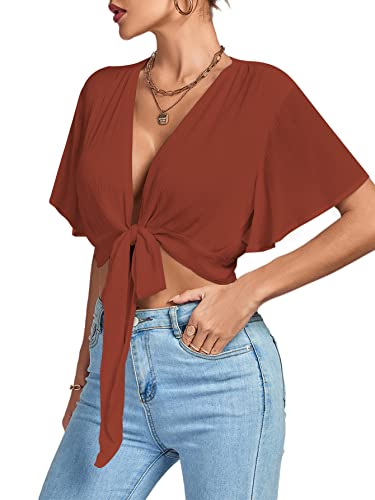 Image of LYANER Women's Sexy Deep V Neck Tie Front Wrap Cropped Blouse Bell Short Sleeve Ruffle Crop Tops