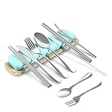 Yoassi 11 Pieces Travel Utensils with Case and Carry Bag, Reusable Stainless Steel Portable Flatware Camping Silverware Cutlery Set Include Knife Fork Spoon Chopsticks Straws and Straws Brush