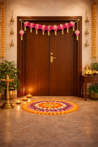 Image of iHandikart, Handmade Decorative Flower Toran, Color - Pink, with Artifical Pink Flower, Square Moti Chudi, Beads, Size - 40x15 Inch, Perfect Used for - Festival Decoration, Home Decor, (IHK-T161)