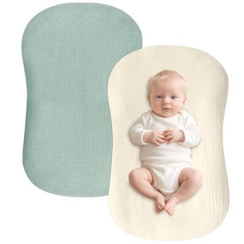 Image of Hooyax Baby Lounger Cover 2 Pack - 100% Muslin Cotton Newborn Lounger Pillow Covers Only, Soft Breathable Infant Lounger Cover with Reinforced Stitching, Fits Most Standard Baby Loungers (Green Wheat)
