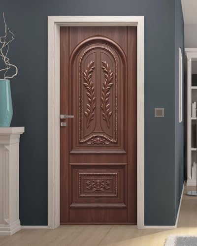 FLFK Decorative Door Mural Wallpaper Sticker, Self-Adhesive Peel and Stick, Classical Carved Wood Design, 30.3 x 78.7 inches, Split into 2 Pieces
