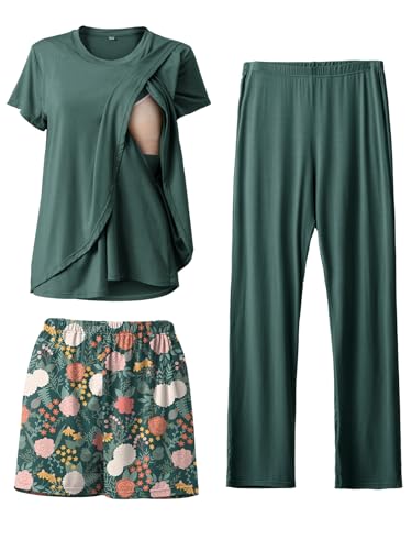Image of Rnxrbb 3 Piece Postpartum Nursing Pajamas Set Casual Soft Maternity Breastfeeding Pjs Sleepwear Loungewear Clothes Layer
