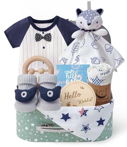 Golray Baby Boy Gifts for Baby Shower, 9pcs Newborn Essential with Fox Lovey/Blanket/Onesie/Wooden Rattle/Socks/Bib/Suitcase, Welcome Baby Gift Box...