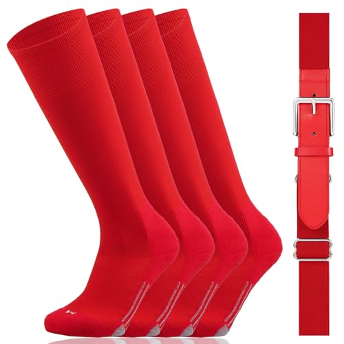 Youper Youth Baseball/Softball Belt & Socks Combo Set (2 Pairs of Socks & 1 Belt) (Red Youth - Medium)