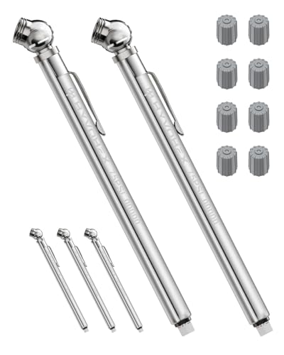 Pencil Tire Pressure Gauge 2 Pack with Valve Caps, Stainless Steel Body Tire Gauges for Tire Pressure with Deflator Valve, Metal Nozzle Tire Gauge for Cars, Pickups, RVs, Bicycles