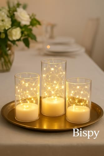 Image of LED Flameless Candles with Warm White Fairy Lights in Glass Cylinder, Battery Operated, Realistic Flickering Effect, Decorative Lights for Bedroom, Living Room, Wedding & Home Decor (Set of 3)