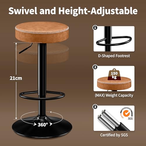 STOOLINK 2er Set Barhocker, Barstuhl mit Mikrofaser-Leder, Barstuhl mit Fußstütze und Ohne Lehne, Tresenhocker 360° Drehbar, 150kg Tragkraft, Braun