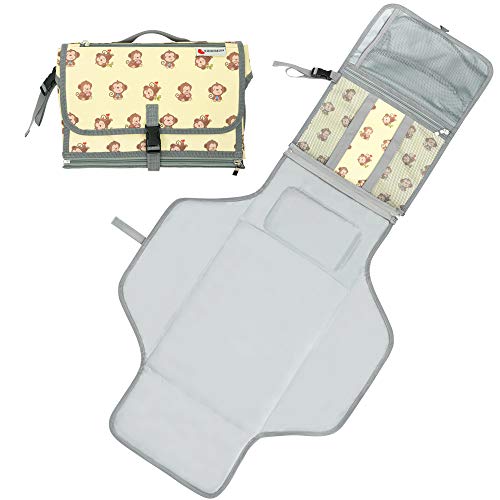 Image of Kiddibean Clutch Diaper Changing Pad - Waterproof Baby Travel Changing Station –Portable and Easy to use - Built-in Head Cushion – Multiple Pockets - Cute Monkey Print (Yellow)