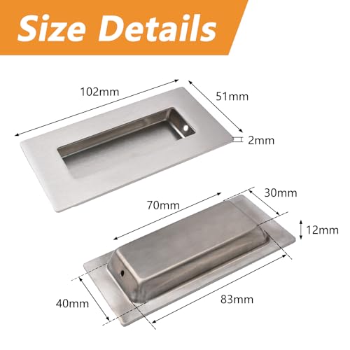 Image of MOROBOR Brushed Nickel Flush Pull, 2Pcs Stainless Steel Rectangle Side Hole Flush Embedded Sliding Door Handle with Hidden Screws for Drawer Cupboard Wardrobe