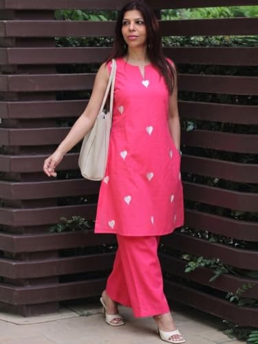 Image of ANNI Designer Kurta Set for Women Cotton Blend Embroidered | Kurti Set for Woman | Farshi Salwar Suit Kurta Palazzo Outfit | Round Neck V Slit Sleeveless Regular Fit Ethnic Dress Stylish Clothing