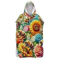 Surf Poncho Changing Robe Adults Hooded Beach Towel Print Absorbent Cute Bees Colorful Flowers Beach Ponchos for Men