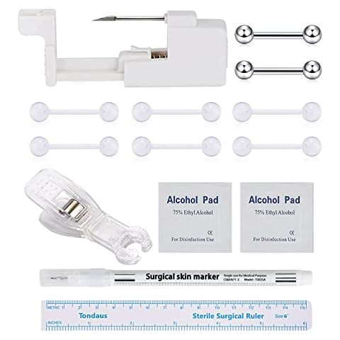 Beautidots 18PCS Body Piercing Kit for Ear/Nose/Lip/Eyebrow/Belly Button/Nipple Stainless Steel Piercing Needles Tools Safety Painless Disposable Self Piercing Gun Cover