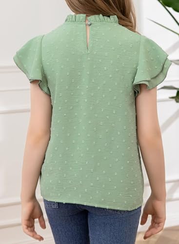 Girls Shirts Pleated Crewneck Ruffled Short Sleeve Tops Cute Swiss Dot Blouse2