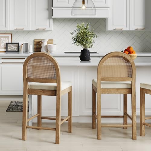 Image of Nathan James Bailey Boucle Upholstered Rattan Bar Stool, Counter Height Stool with Natural Rattan Woven Back For Kitchen Island, Light Brown
