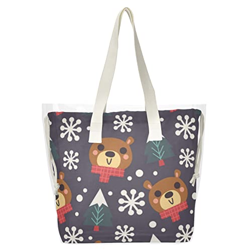Sac fourre-tout transparent 2 en 1 pour femme, motif ourson, arbre, flocon de neige, sac à bandoulière transparent, sac à main en toile pour le stade, la fête, le travail, la date