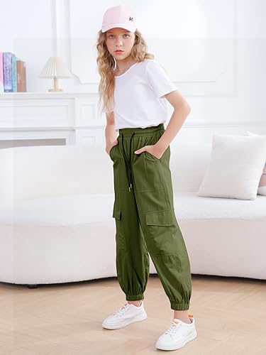 Image of Girls Cargo Pants Elastic Waist Casual Jogger Pants for Girls Streetwear Loose Parachute with Pockets 7-14Years