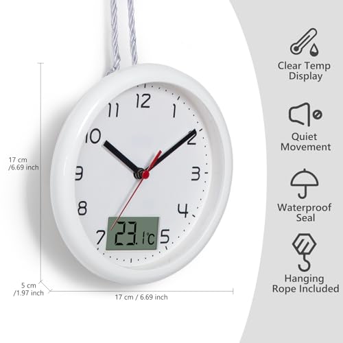 VIVILINEN Badezimmeruhr mit Temperaturanzeige Wanduhr ohne Tickgeräusche Küchenuhr mit Hängeband & Standfuß Feuchtigkeitsgeschützt 17cm