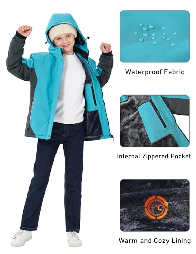 Mofiz Girls Ski Jacket Waterproof Fleece Lined Snowboard Jacket Warm Winter Jacket With Removable Hood Blue L thumb #3