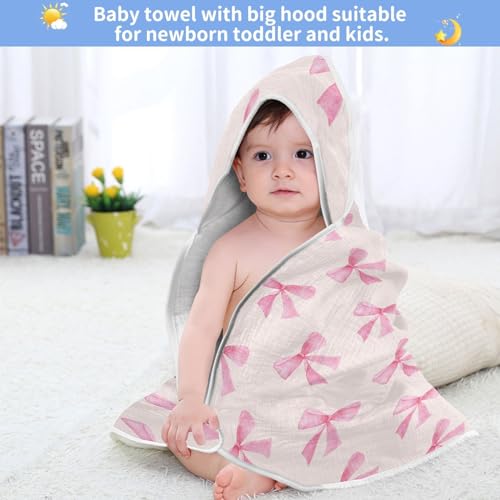 Image of Burbuja Pink Bow Baby Bath Towel - Soft Absorbent Muslin Cotton Hooded Towel for Newborn Infant Toddler, 30x30 in