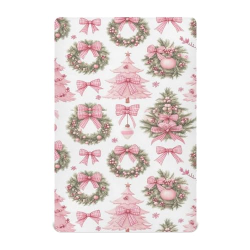 Image of Caikeny Fitted Crib Sheet for Boys Girls Christmas Wreath Tree Pink Bow Baby Crib Sheets Bassinet Sheets Crib Mattress Bed Sheets for Toddler Newborn Infant 52 X 28 in