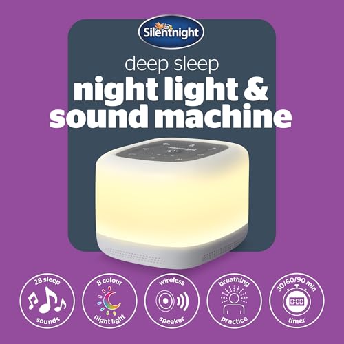 Silentnight Deep Sleep Night Light & Sound Machine - White Noise And Music - 28 Soothing Sounds For Baby Kids Adults - 8 Colours And 4 Breathing Exercises - Portable & Rechargeable, Wireless Bluetooth - 9