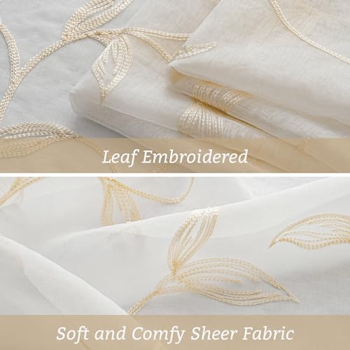 VISIONTEX 2 Panels Sheer Curtains 108 Inches Long, Cream Beige Floral Leaf Embroidered Semi Sheer Voile Curtains, Rod Pocket Light Filtering Window Drapes for Bedroom Living Room 54W x 108L by VISIONTEX - Image 5